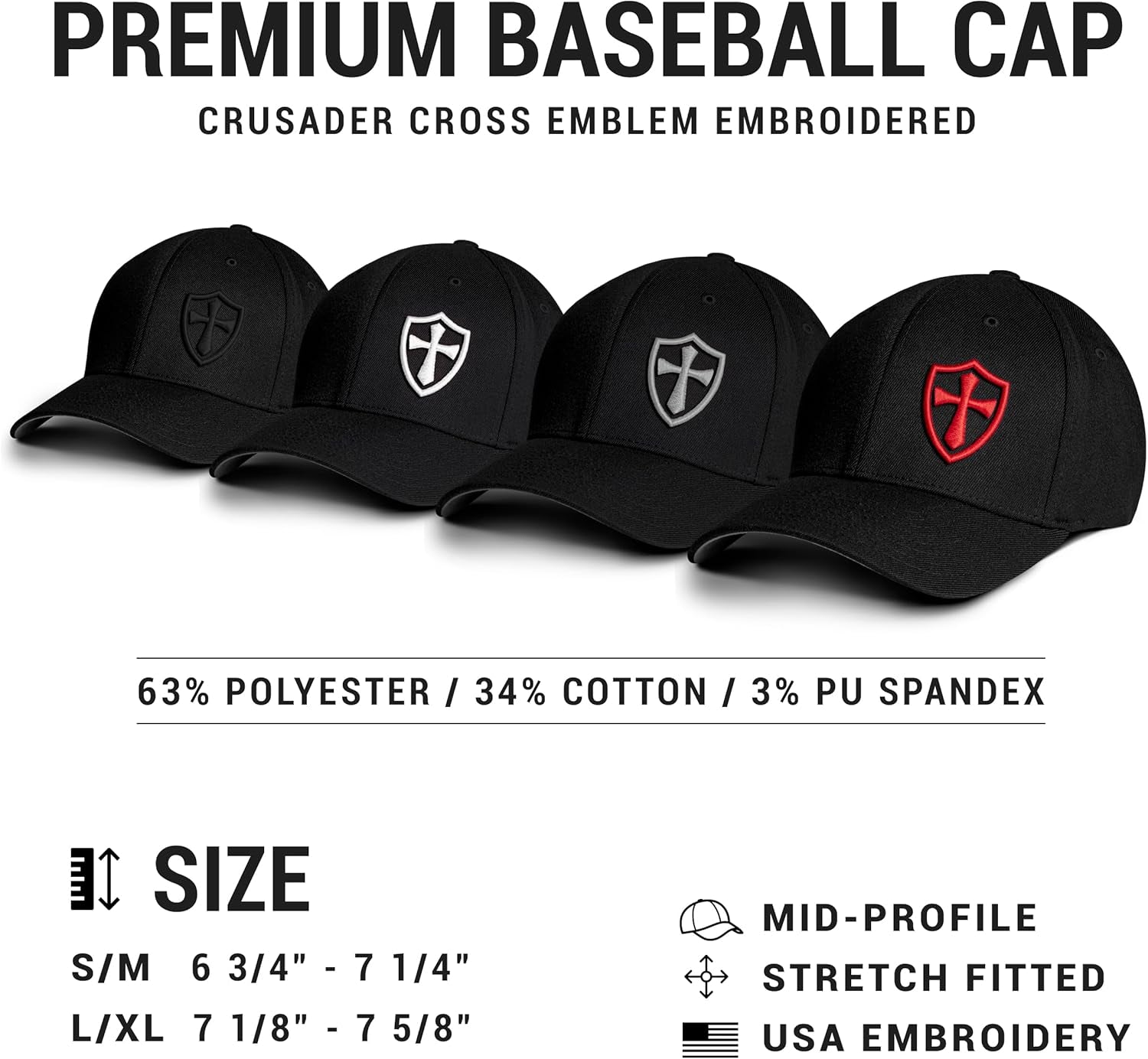Crusader Baseball Cap for Men, Mid Profile Stretch Fitted