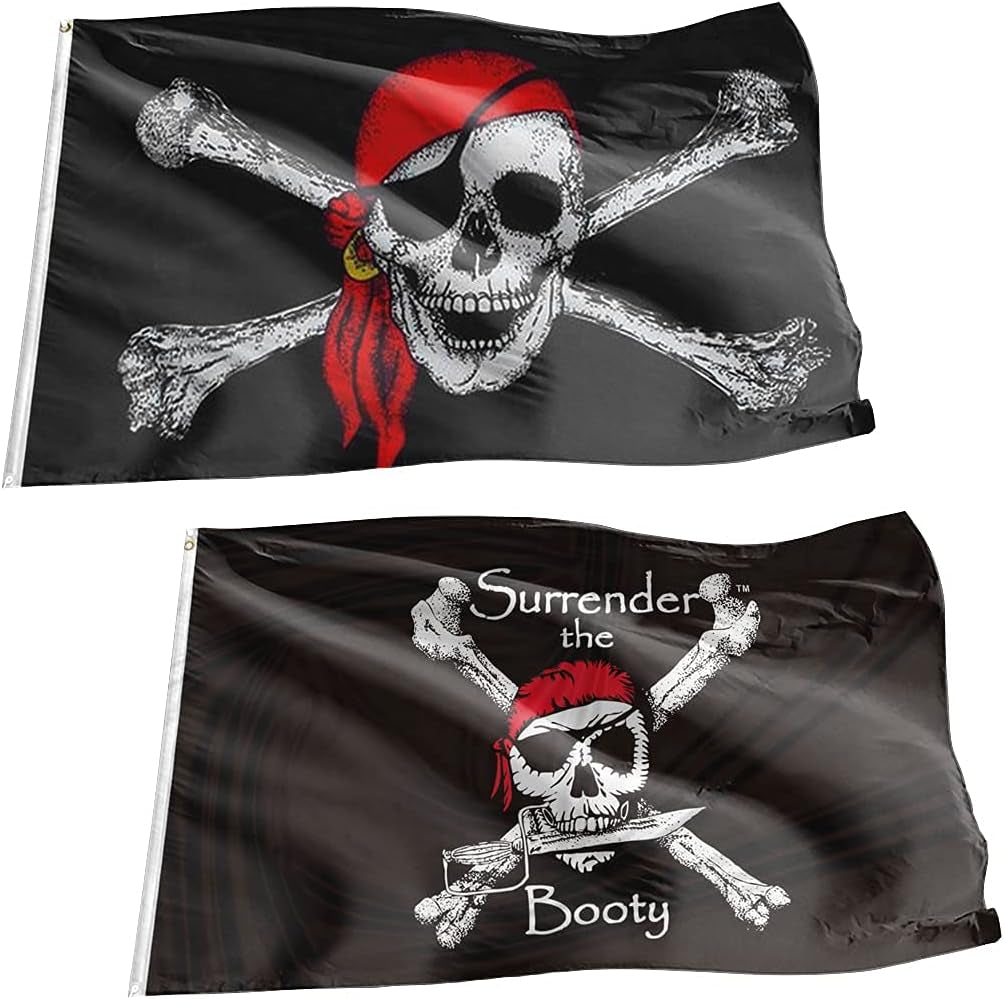 3X5 FT Pirate Flags the Booty Flags and Jolly Roger Red Scarf Flag 2 Pack